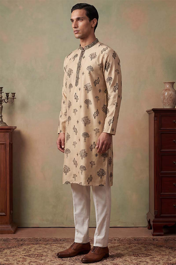 Silk Blend Embroidered Solid Cream Kurta MKU1716