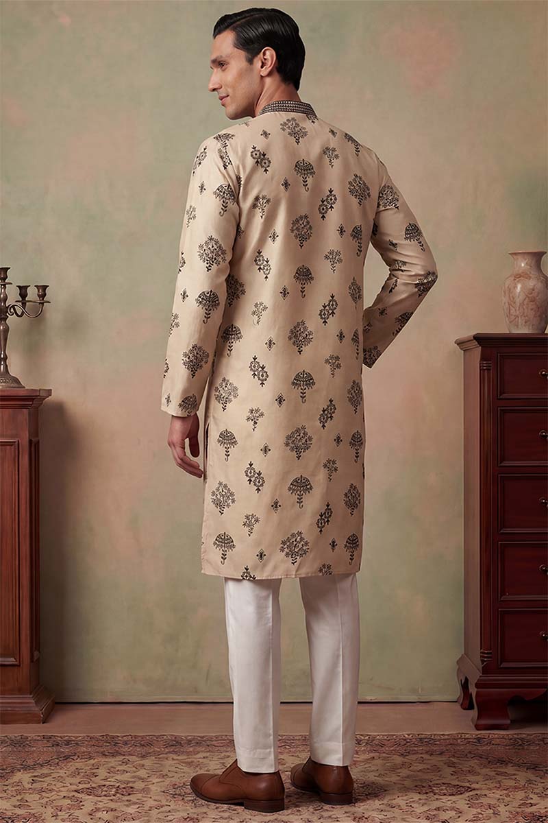 Silk Blend Embroidered Solid Cream Kurta MKU1716