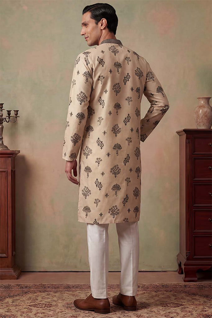 Silk Blend Embroidered Solid Cream Kurta MKU1716
