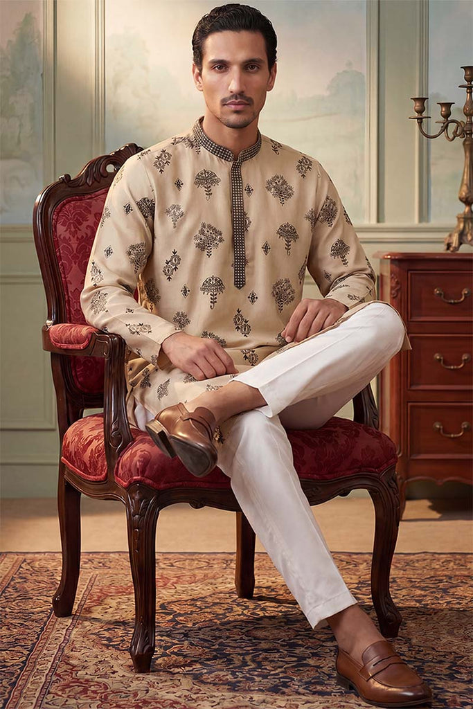 Silk Blend Embroidered Solid Cream Kurta MKU1716