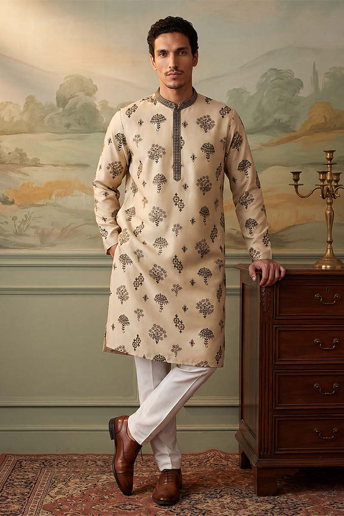 Silk Blend Embroidered Solid Cream Kurta MKU1716