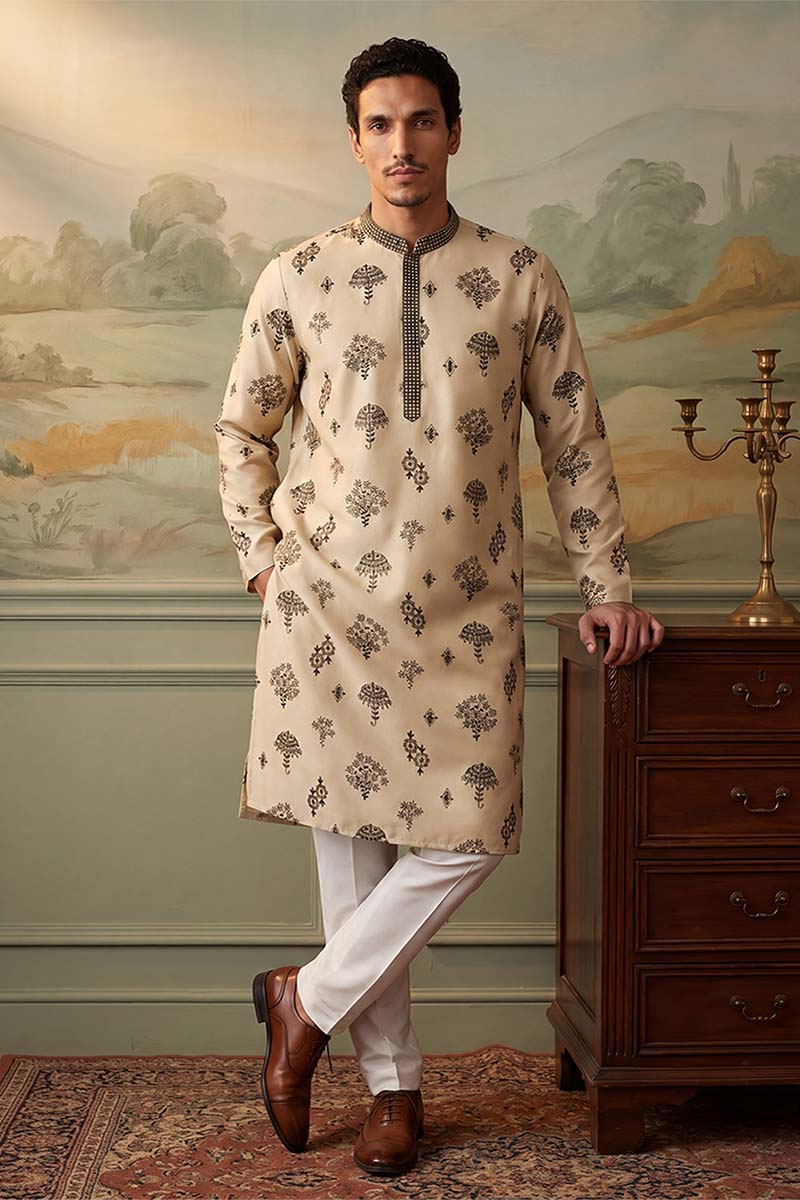 Silk Blend Embroidered Solid Cream Kurta With Trousers MKSET1716