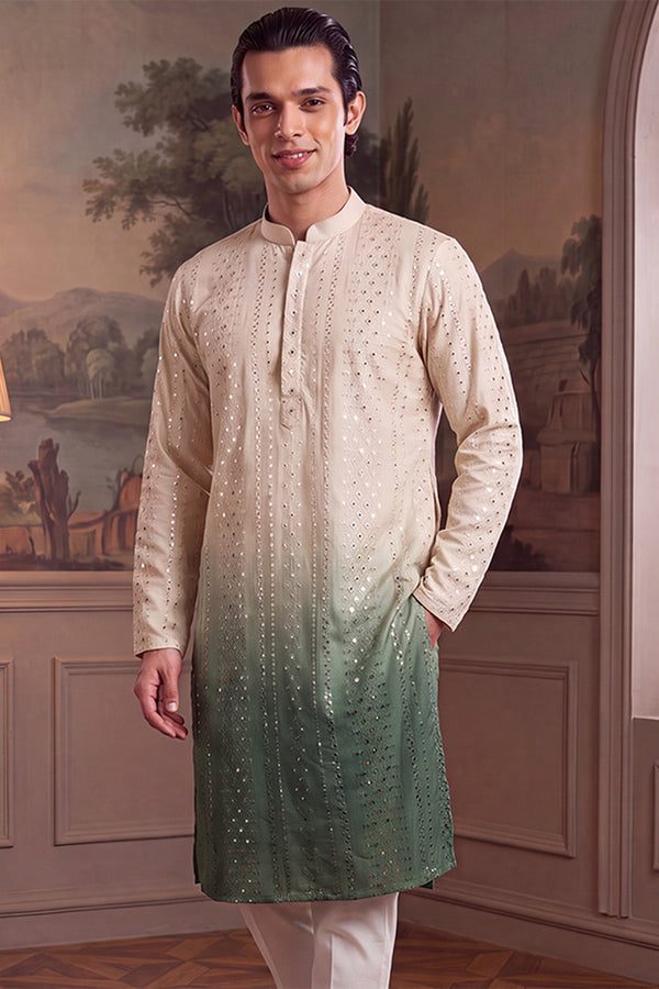 Green Silk Blend Solid Embroidered Kurta MKU1722