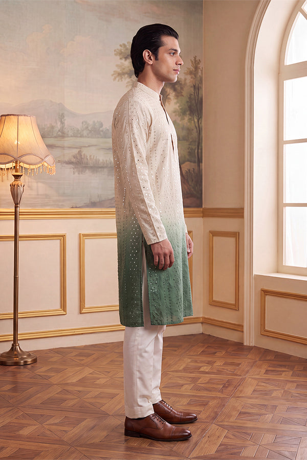 Green Silk Blend Solid Embroidered Kurta MKU1722
