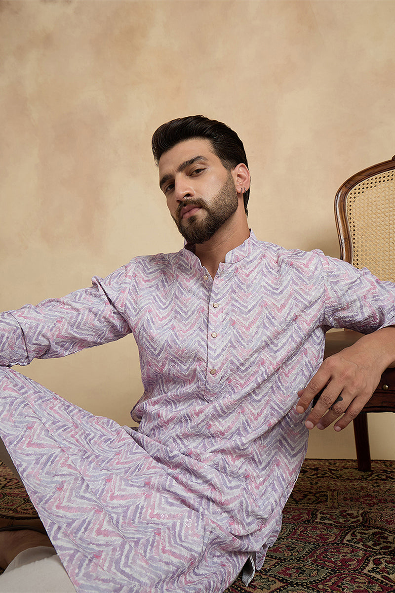 Lavender Cotton Blend Chevron Embroidered Kurta MKU1757