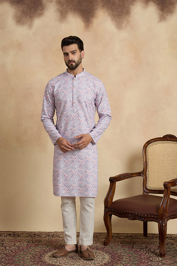 Lavender Cotton Blend Chevron Embroidered Kurta MKU1757