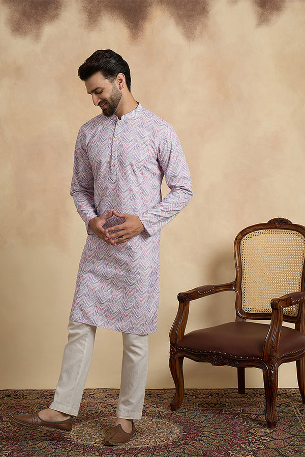 Lavender Cotton Blend Chevron Embroidered Kurta MKU1757