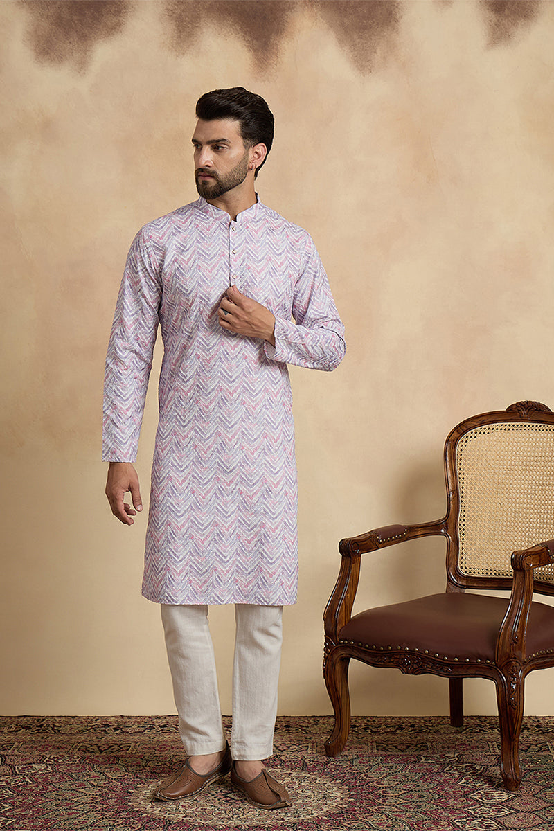 Lavender Cotton Blend Chevron Embroidered Kurta MKU1757