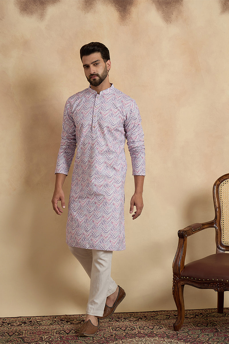Lavender Cotton Blend Chevron Embroidered Kurta MKU1757
