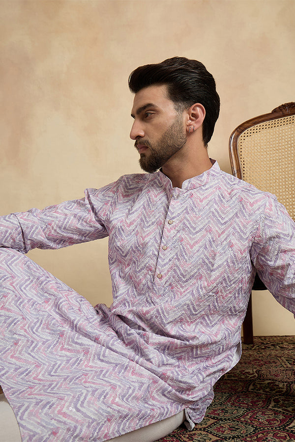 Lavender Cotton Blend Chevron Embroidered Kurta MKU1757