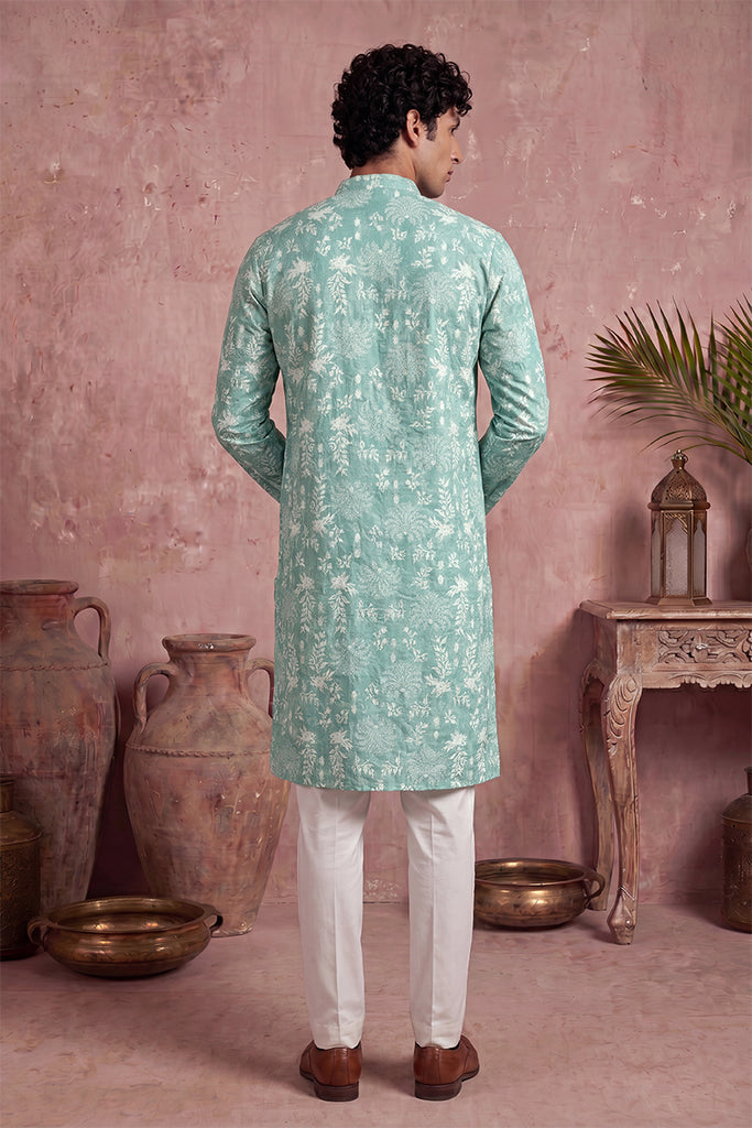 Teal Viscose Rayon Embroidered Calf Length Straight Regular Kurta With Trouser MKSET1765