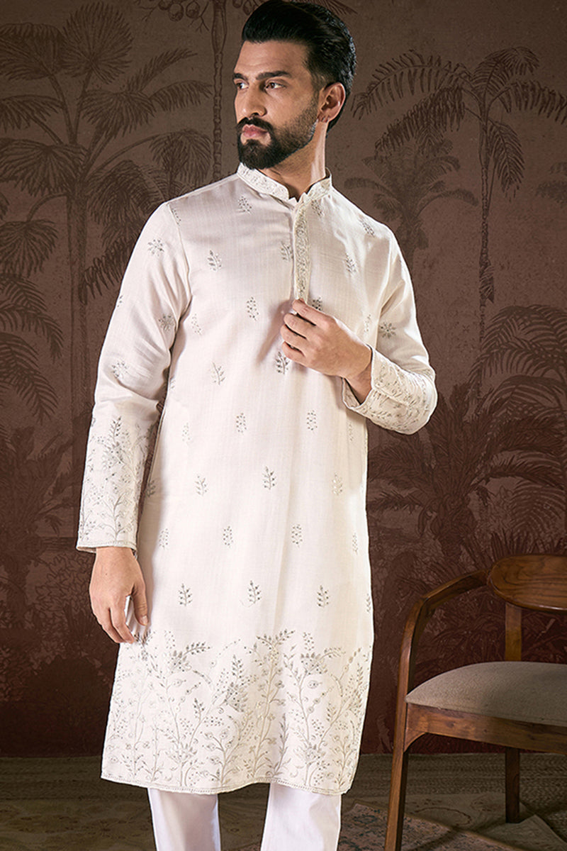 White Silk Blend Floral Embroidered Straight Kurta MKU1784