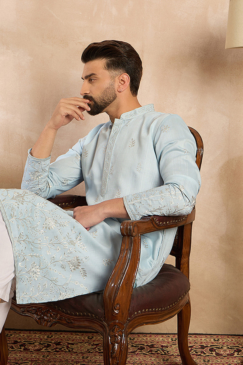 Blue Silk Blend Solid Embroidered Straight Kurta MKU1785