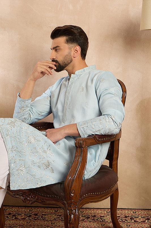 Blue Silk Blend Solid Embroidered Straight Kurta MKU1785