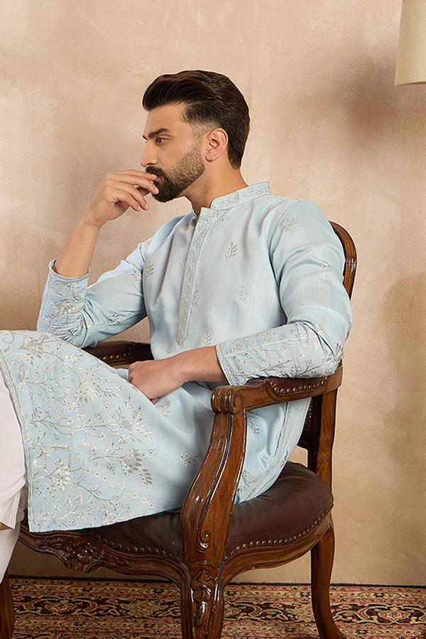 Blue Silk Blend Solid Embroidered Straight Kurta MKU1785