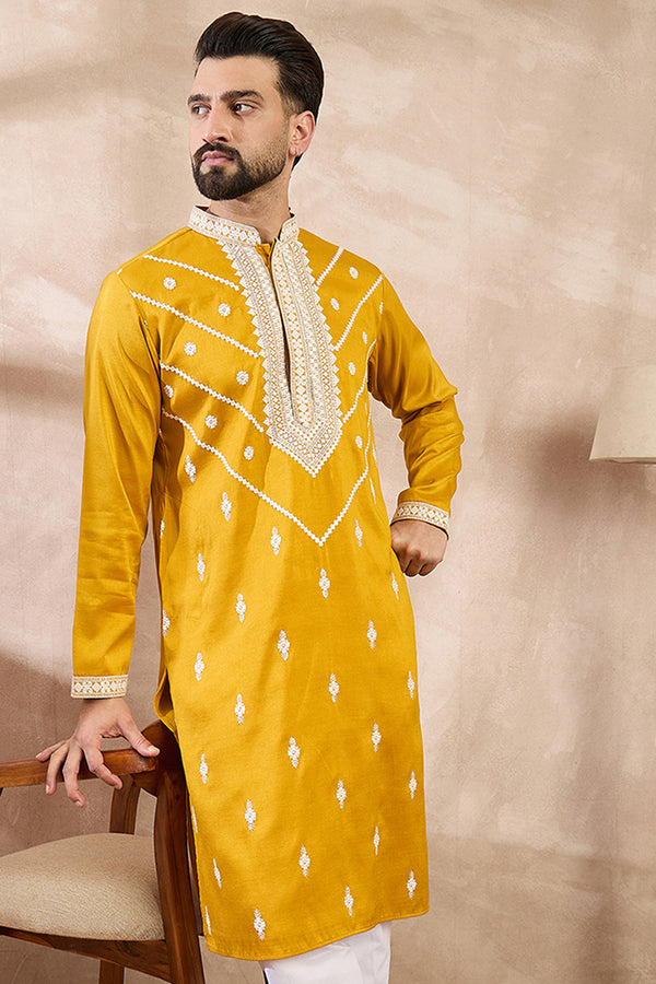 Yellow Silk Blend Ethnic Motifs Embroidered Straight Kurta MKU1790