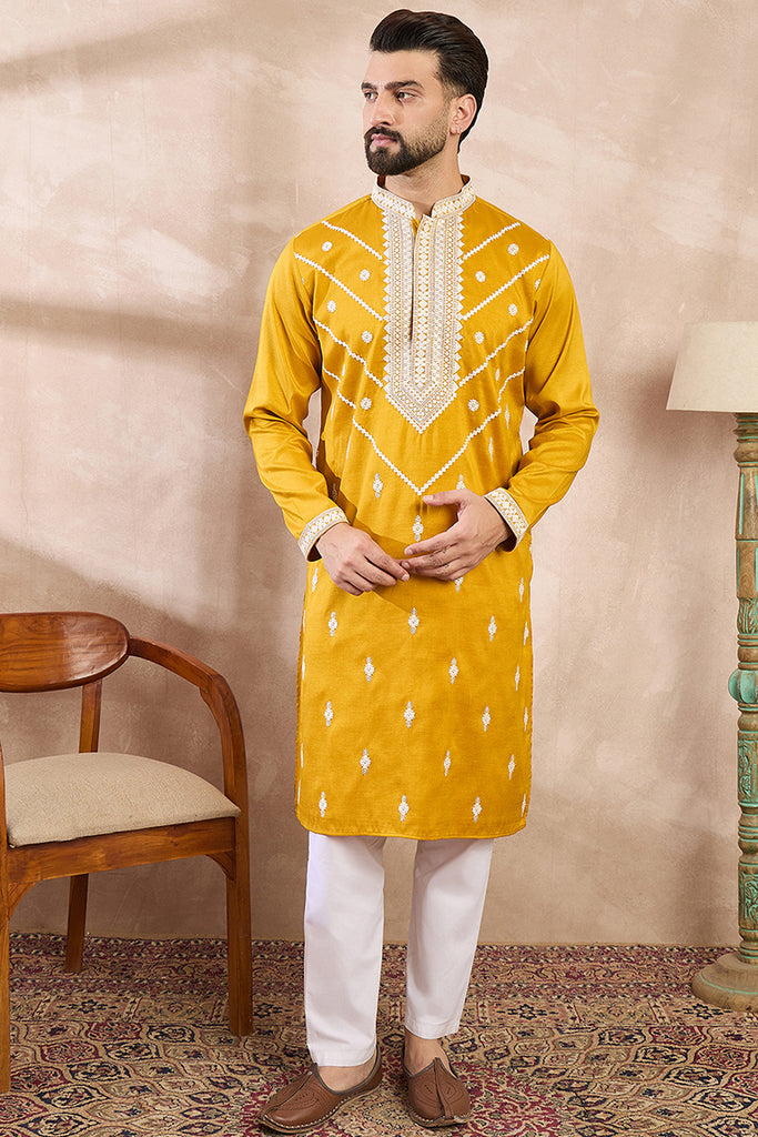 Yellow Silk Blend Ethnic Motifs Embroidered Straight Kurta MKU1790