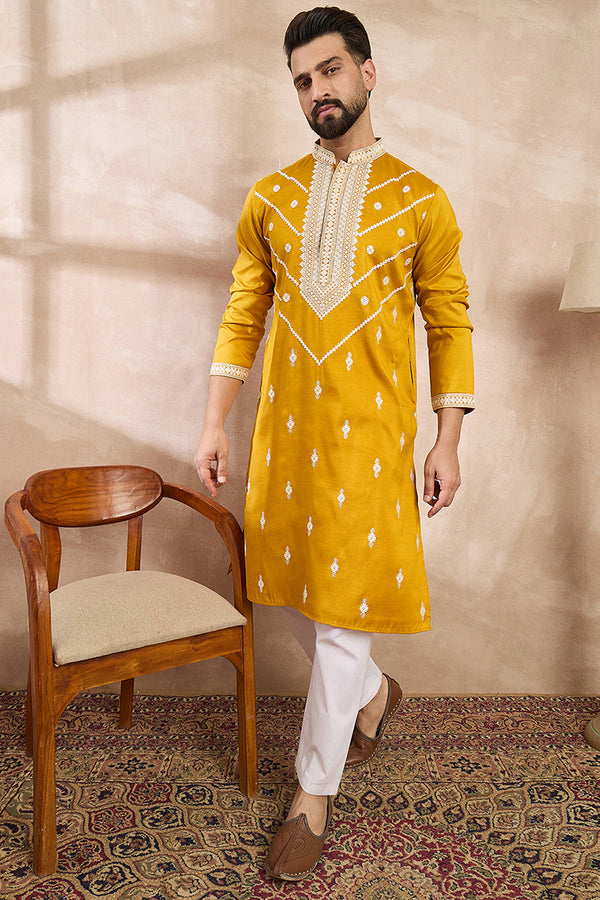 Yellow Silk Blend Ethnic Motifs Embroidered Straight Kurta MKU1790