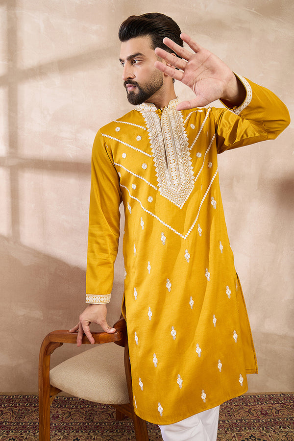 Yellow Silk Blend Ethnic Motifs Embroidered Straight Kurta MKU1790