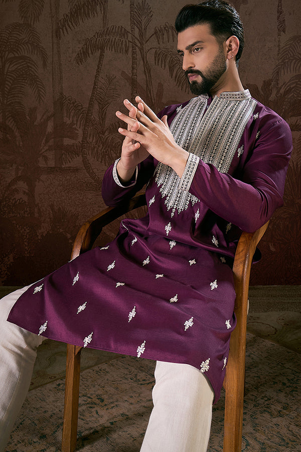 Purple Silk Blend Solid Embroidered Straight Kurta MKU1793