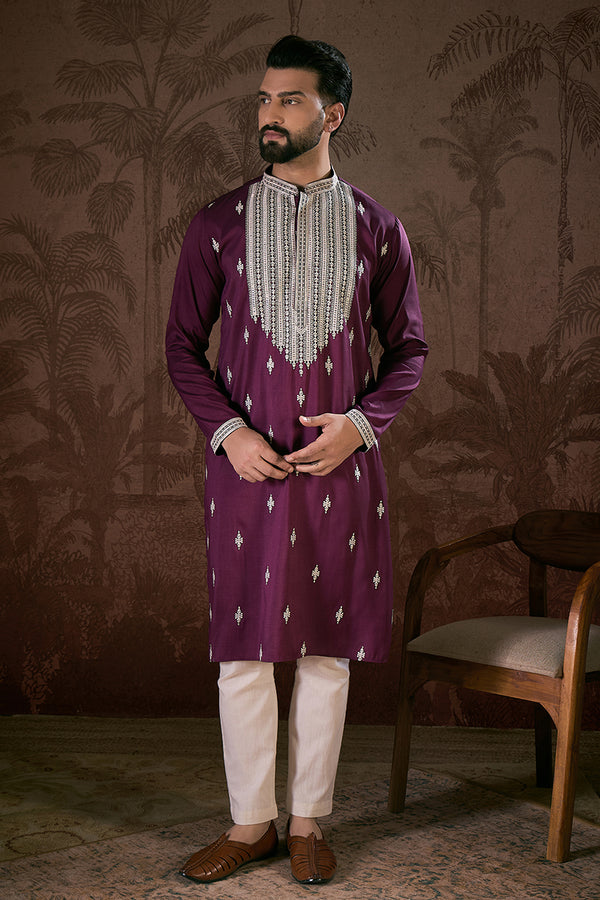 Purple Silk Blend Solid Embroidered Straight Kurta MKU1793