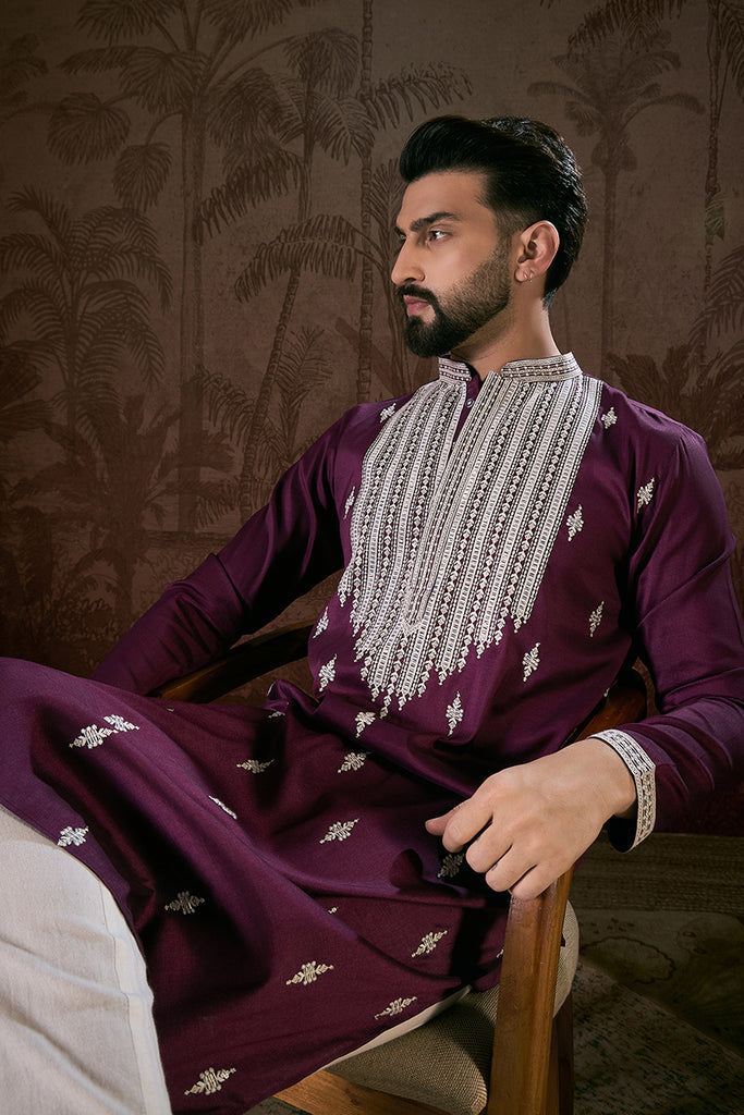 Purple Silk Blend Solid Embroidered Straight Kurta MKU1793