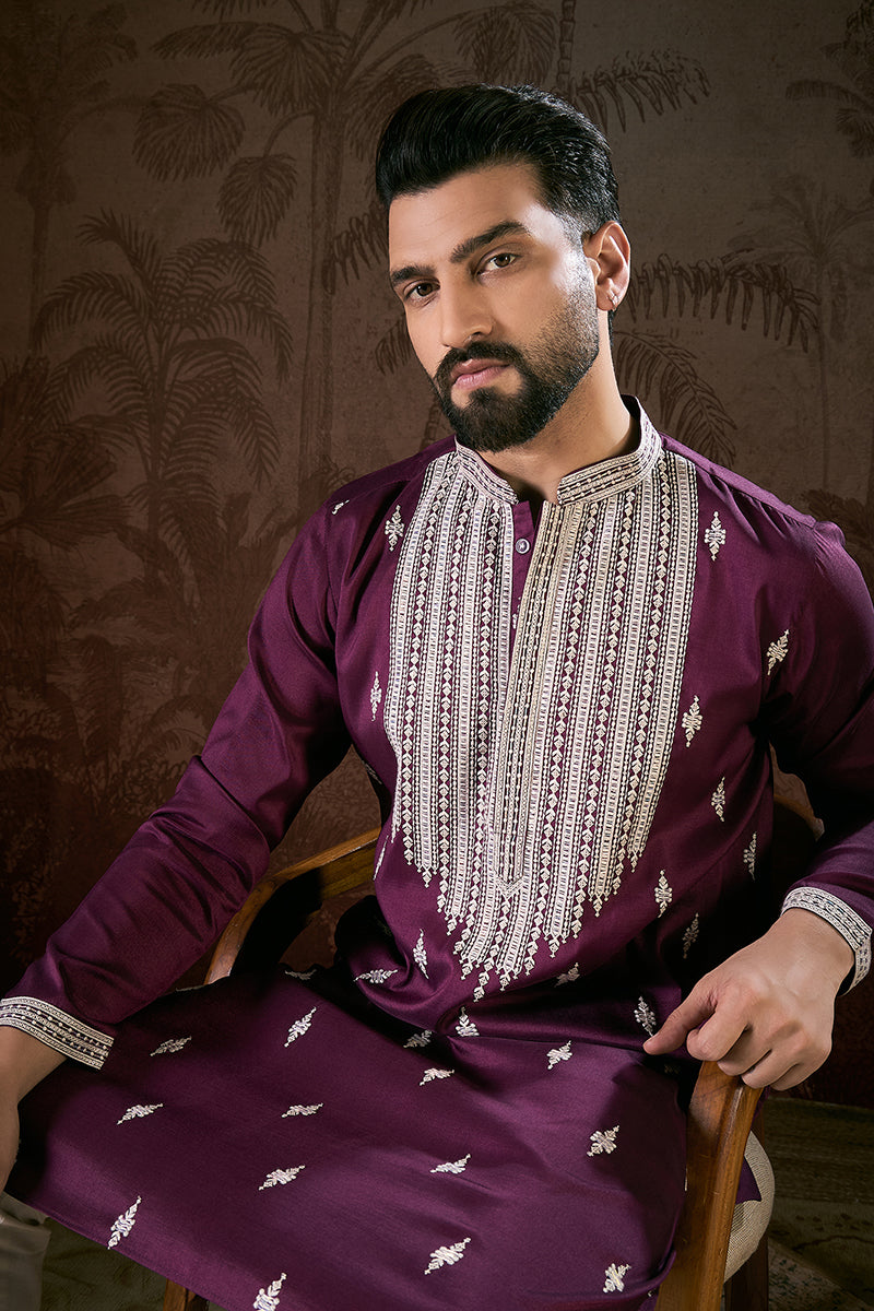 Purple Silk Blend Solid Embroidered Straight Kurta MKU1793
