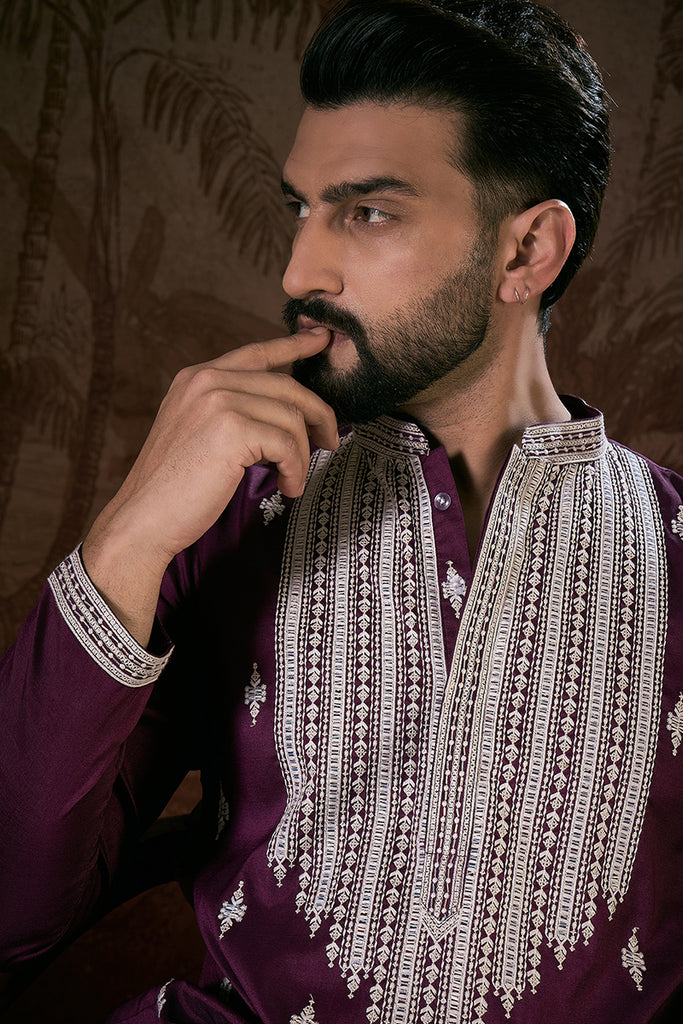 Purple Silk Blend Solid Embroidered Straight Kurta MKU1793