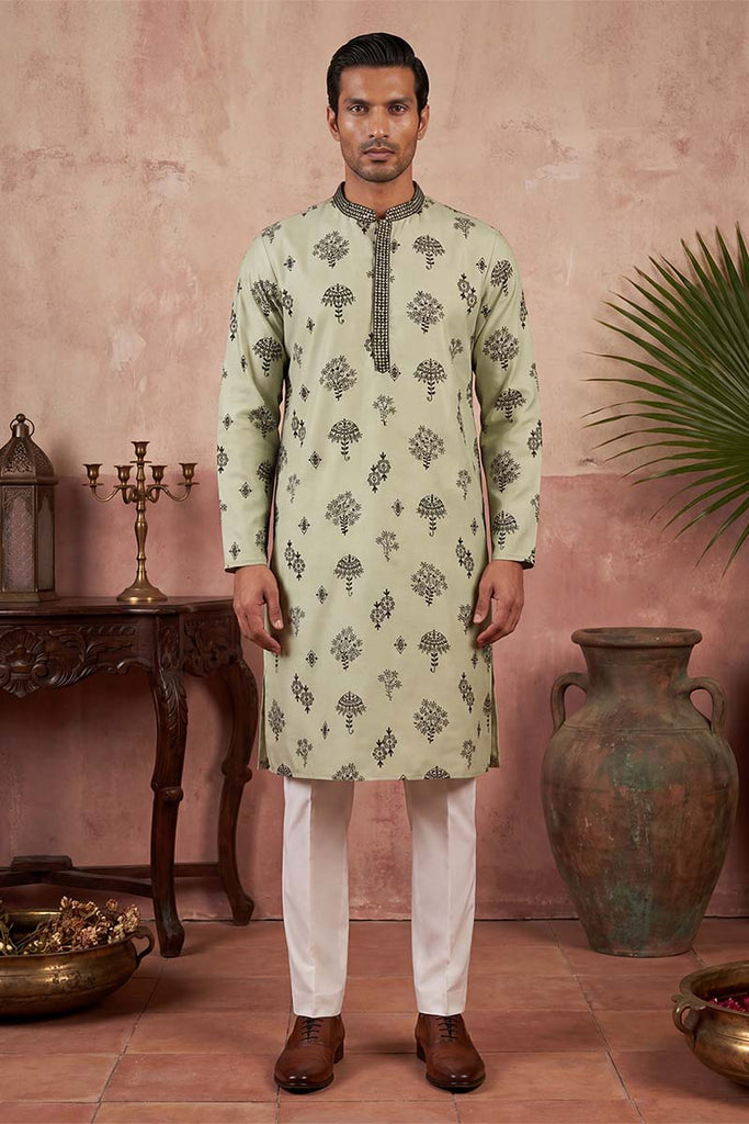 Silk Blend Embroidered Solid Green Kurta MKU1803