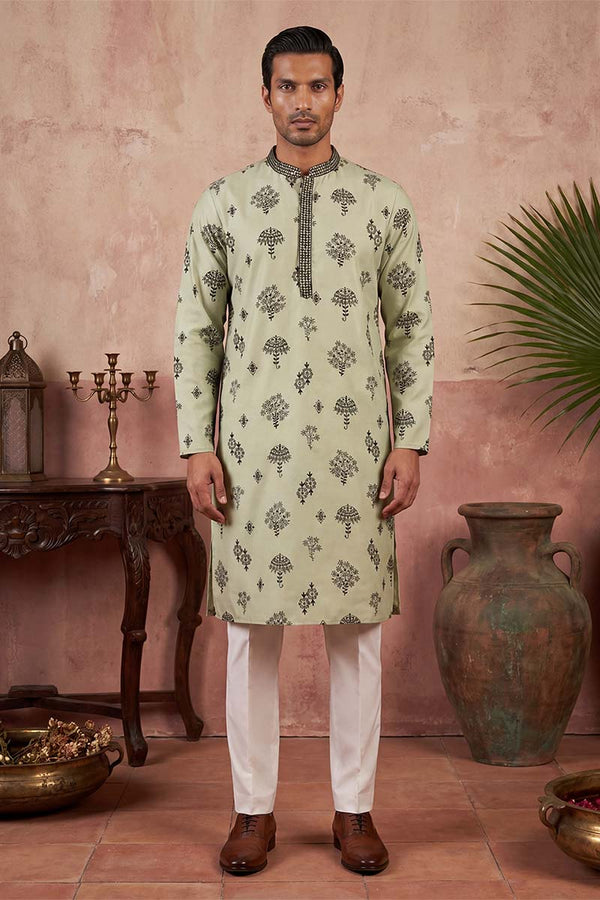 Silk Blend Embroidered Solid Green Kurta With Trousers MKSET1803