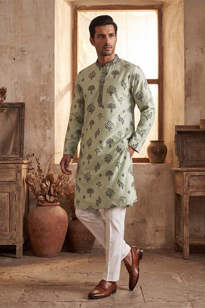Silk Blend Embroidered Solid Green Kurta With Trousers MKSET1803