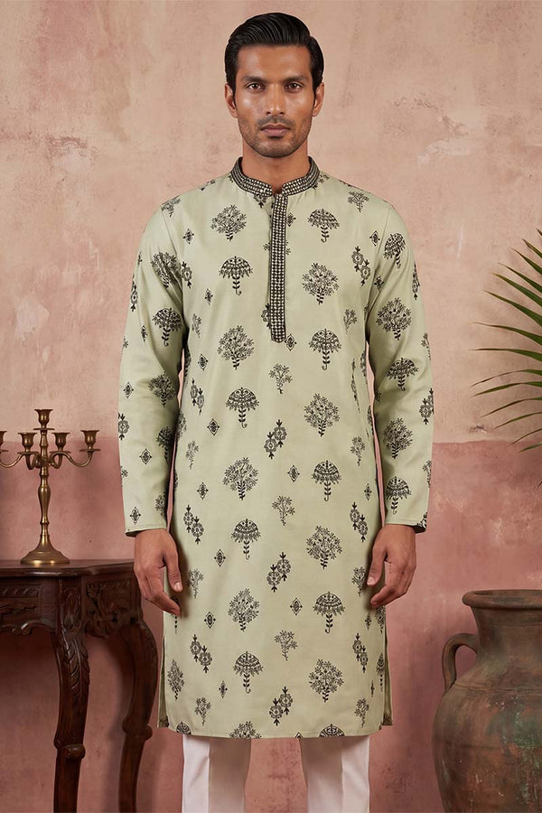 Silk Blend Embroidered Solid Green Kurta MKU1803