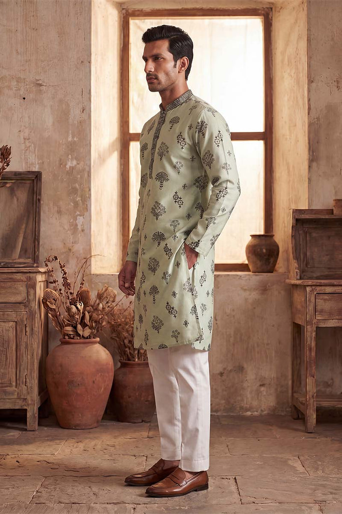 Silk Blend Embroidered Solid Green Kurta With Trousers MKSET1803
