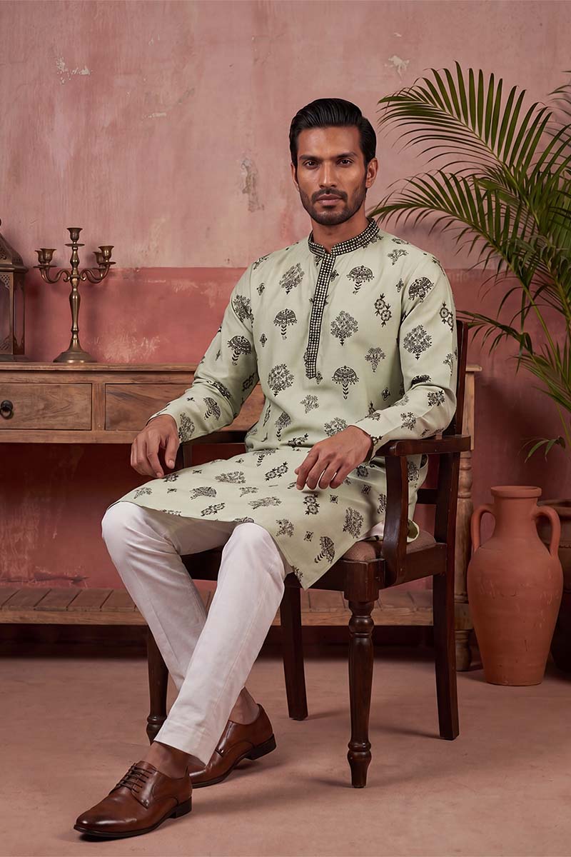 Silk Blend Embroidered Solid Green Kurta MKU1803