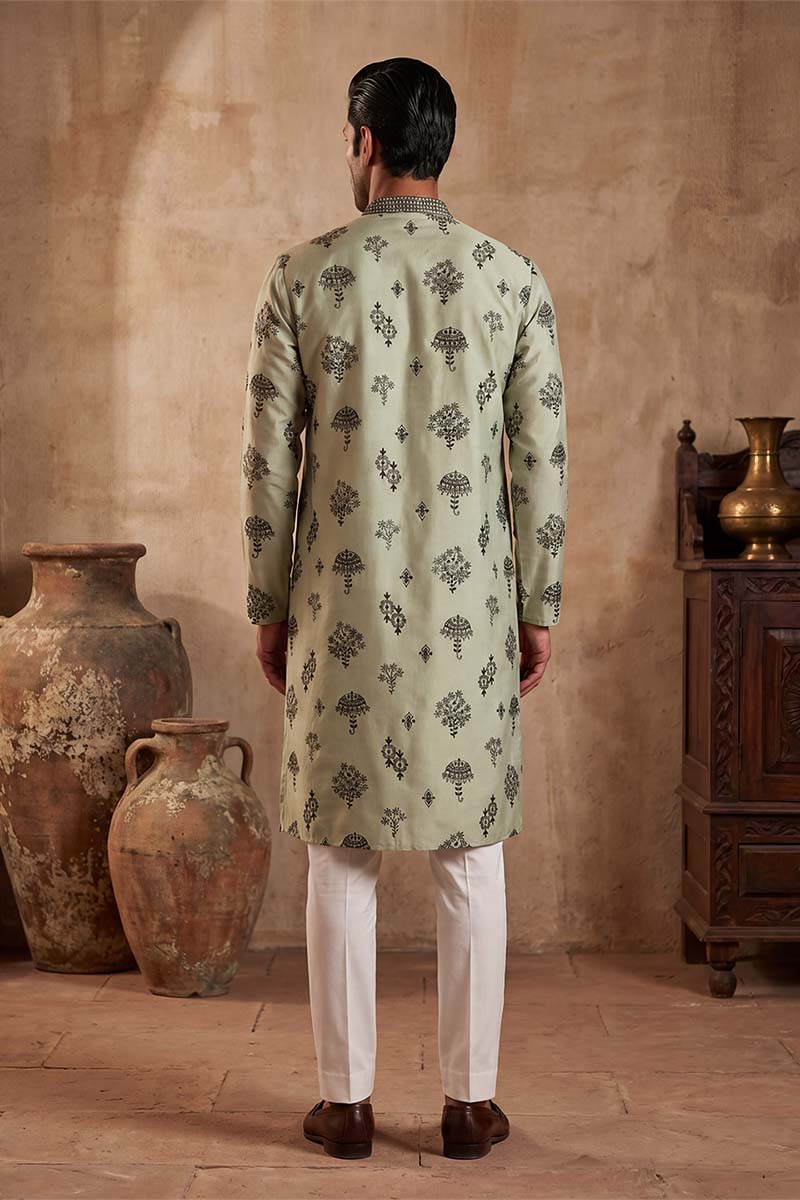 Silk Blend Embroidered Solid Green Kurta MKU1803