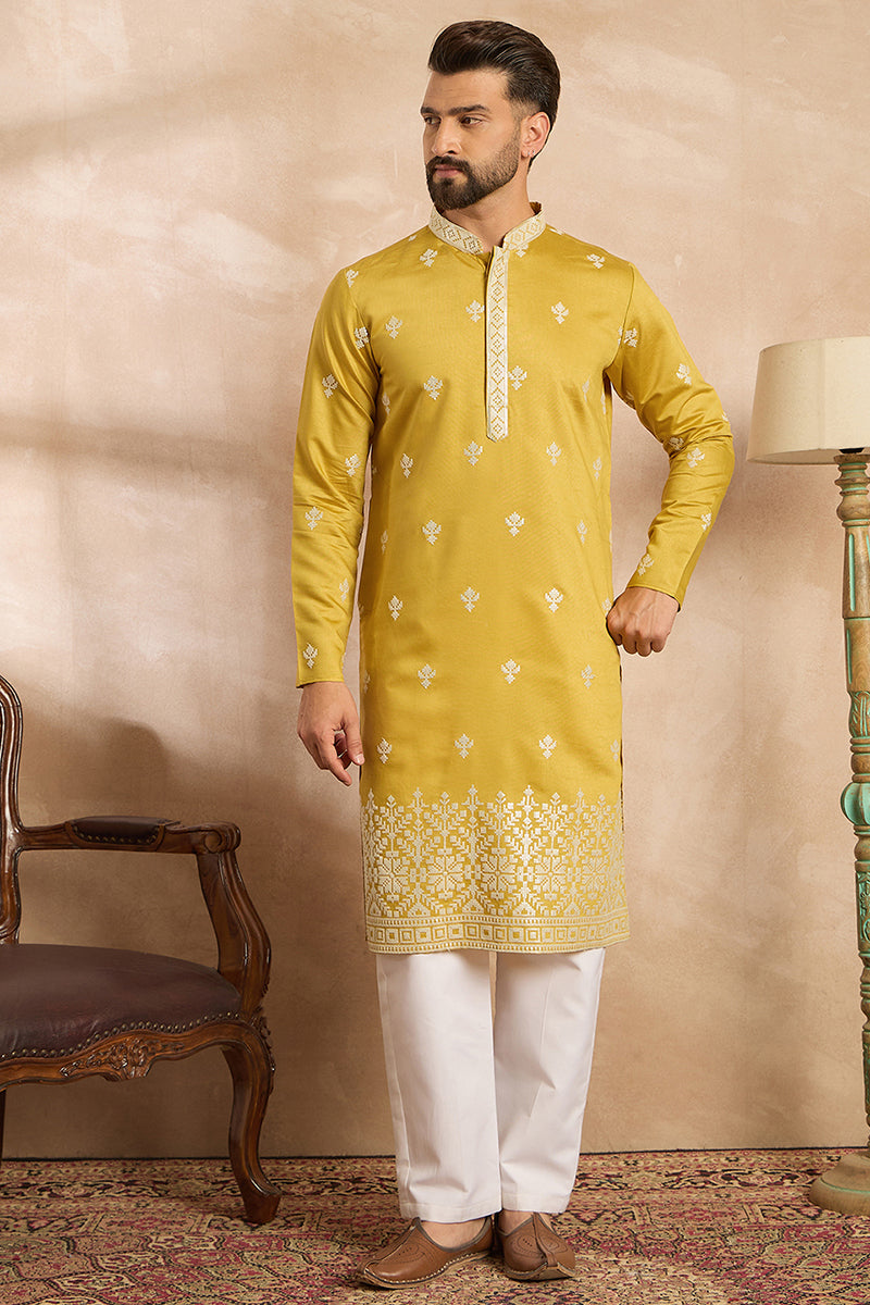 Yellow Polyester Solid Embroidered Straight Kurta MKU1809