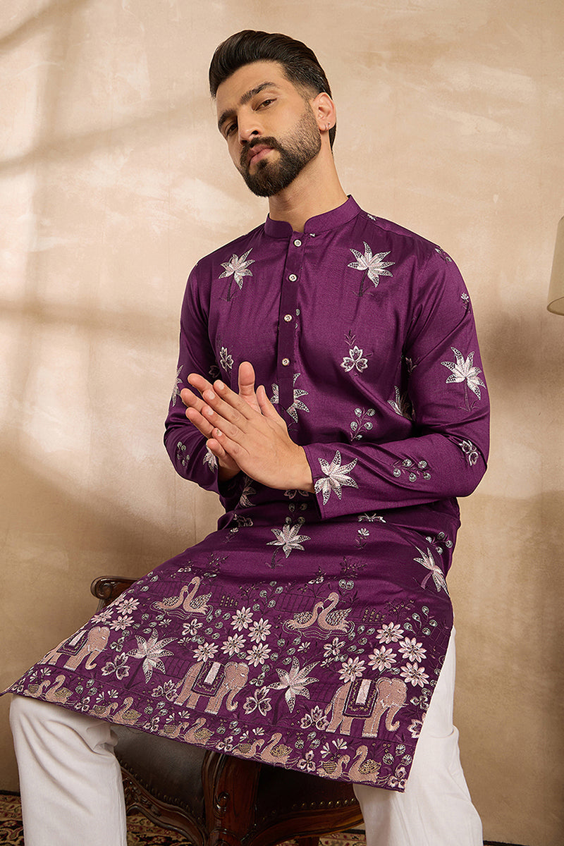 Purple Polyester Solid Embroidered Straight Kurta MKU1834