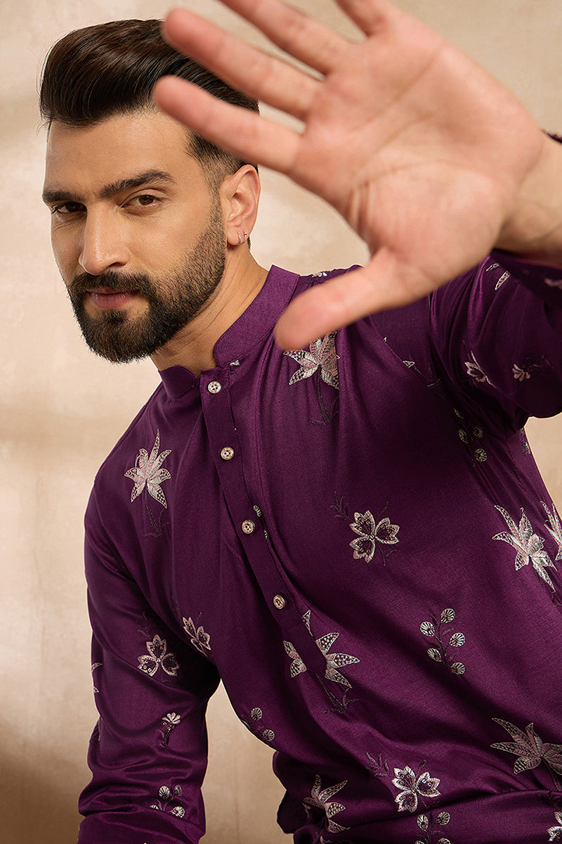 Purple Polyester Solid Embroidered Straight Kurta MKU1834