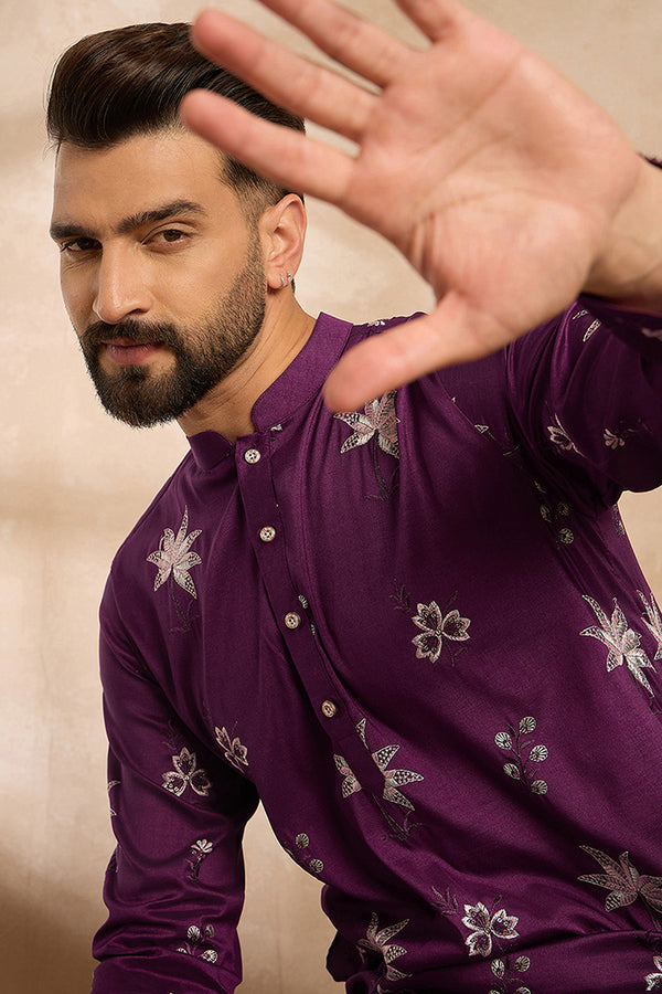 Purple Polyester Solid Embroidered Straight Kurta MKU1834