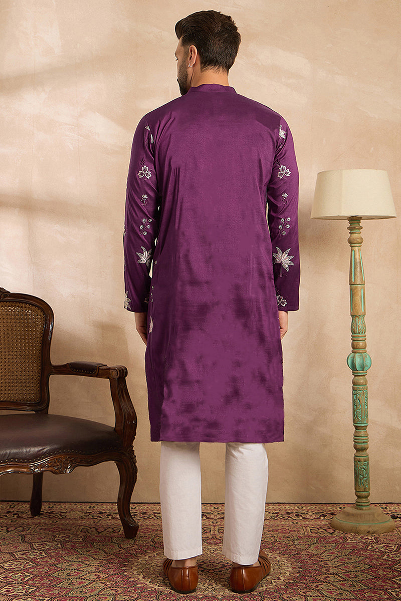 Purple Polyester Solid Embroidered Straight Kurta MKU1834