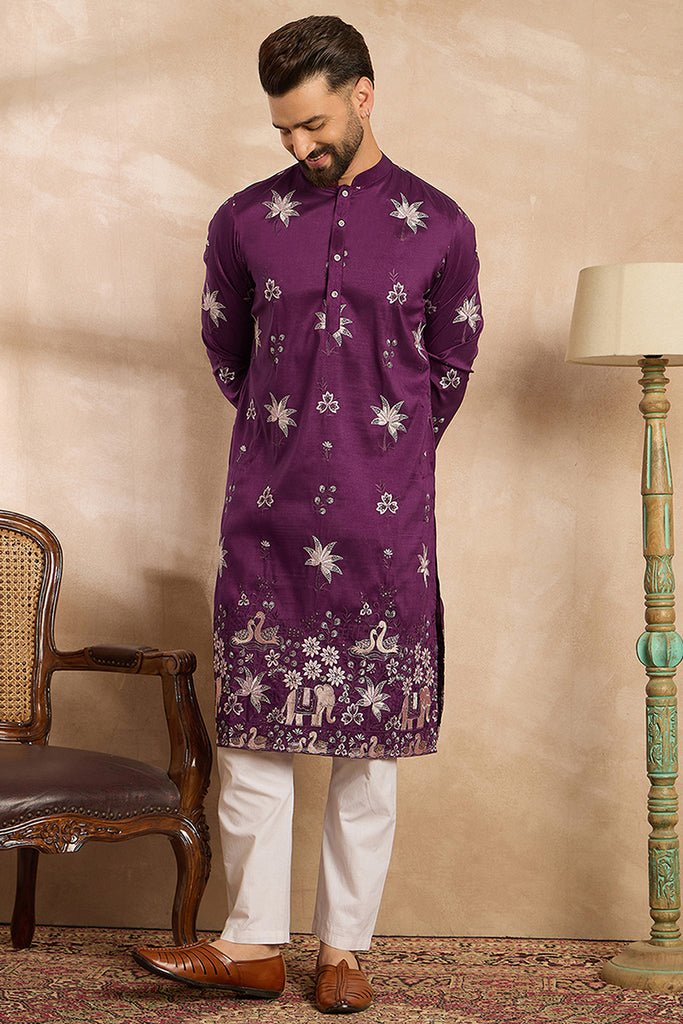 Purple Polyester Solid Embroidered Straight Kurta MKU1834