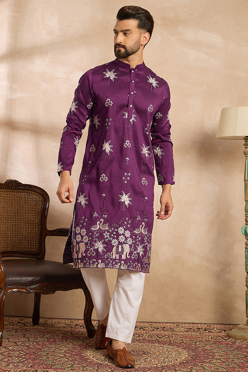 Purple Polyester Solid Embroidered Straight Kurta MKU1834