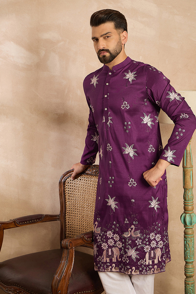 Purple Polyester Solid Embroidered Straight Kurta MKU1834
