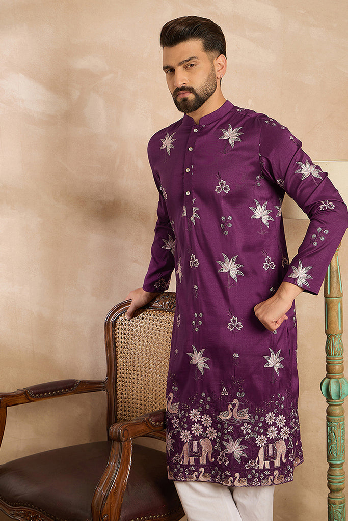 Purple Polyester Solid Embroidered Straight Kurta MKU1834