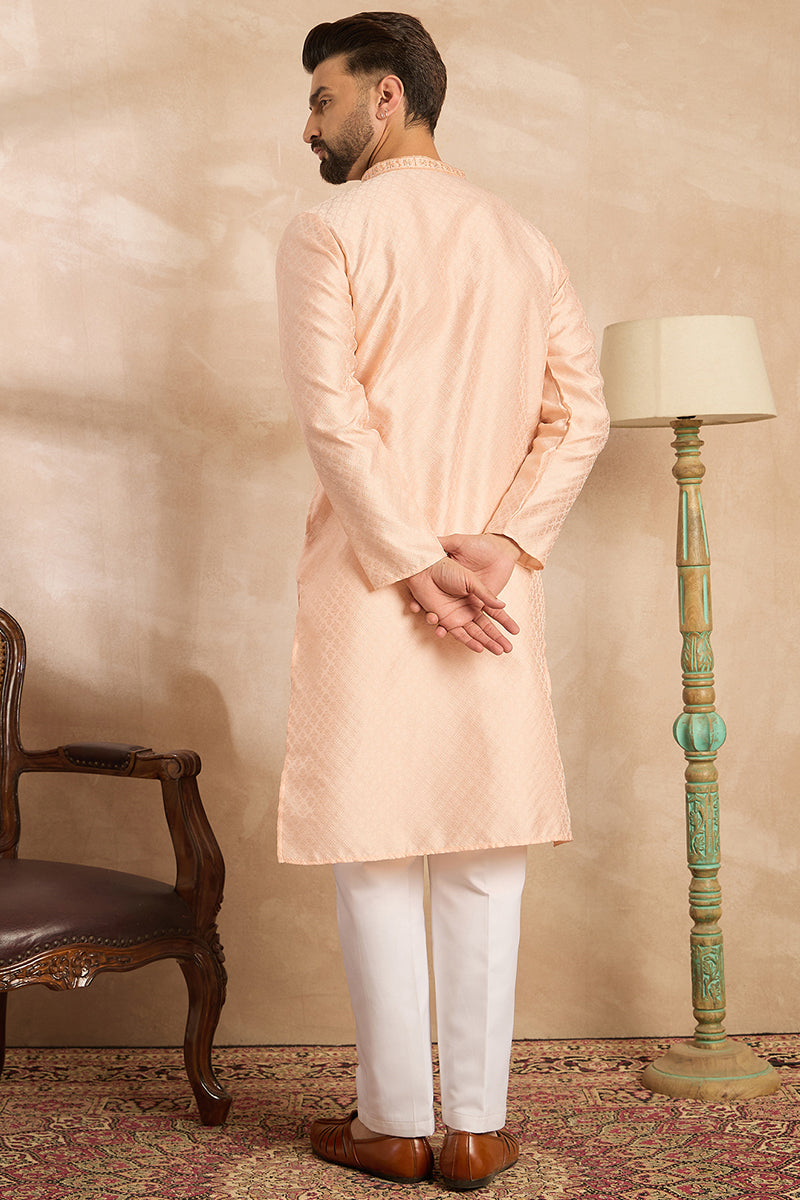 Peach Polyester Solid Embroidered Straight Kurta MKU1836