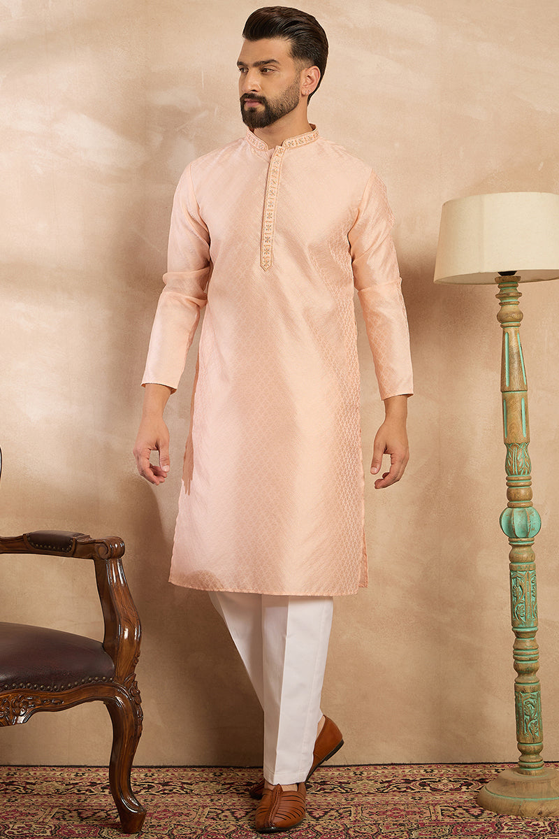Peach Polyester Solid Embroidered Straight Kurta MKU1836