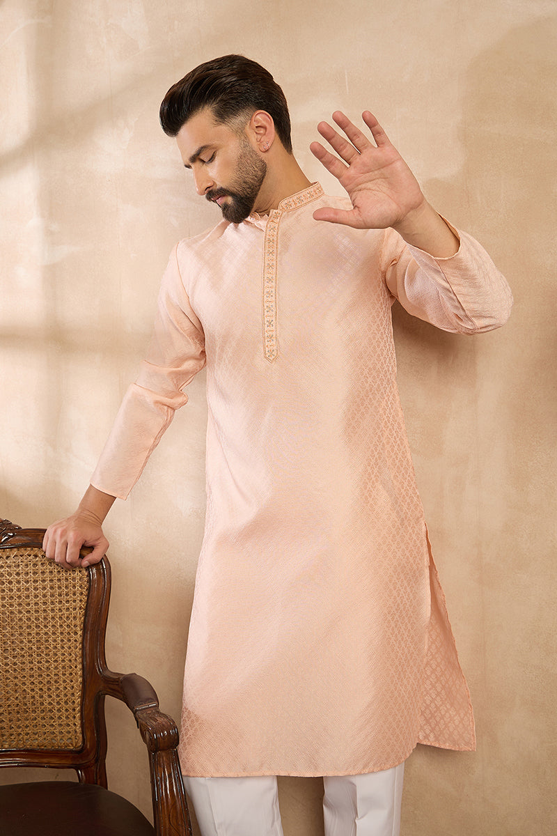 Peach Polyester Solid Embroidered Straight Kurta MKU1836
