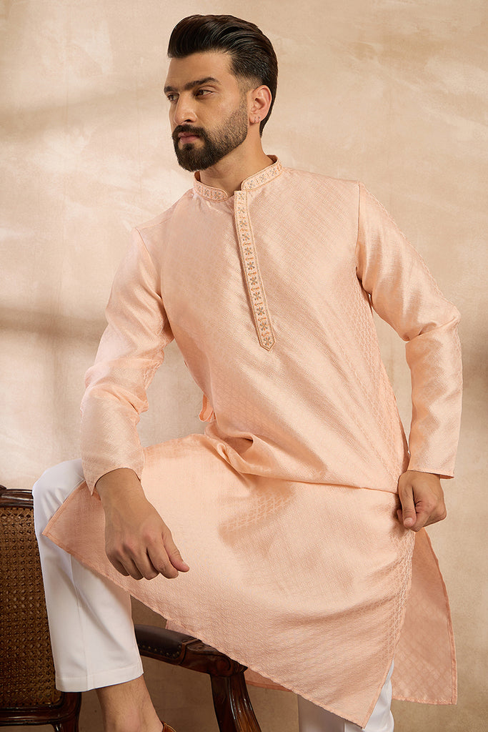 Peach Polyester Solid Embroidered Straight Kurta MKU1836