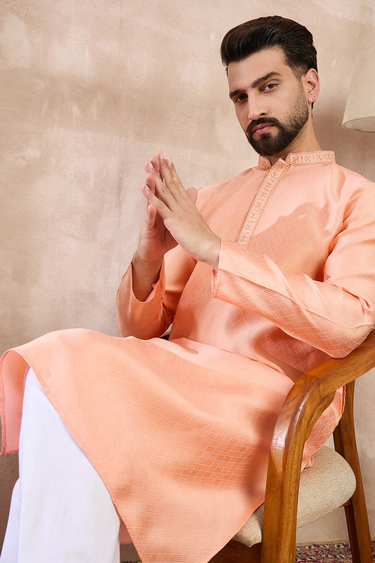 Peach Silk Blend Solid Embroidered Straight Kurta MKU1840