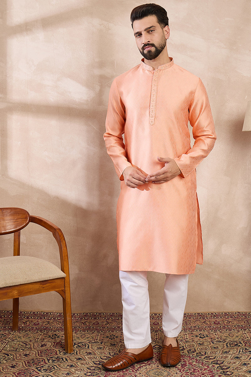 Peach Silk Blend Solid Embroidered Straight Kurta MKU1840